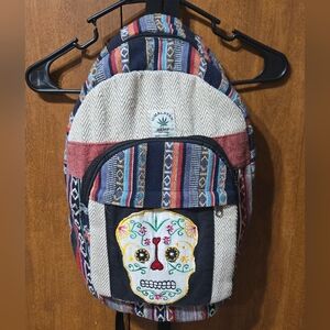 Hemp Backpack with Colorful Skull Design